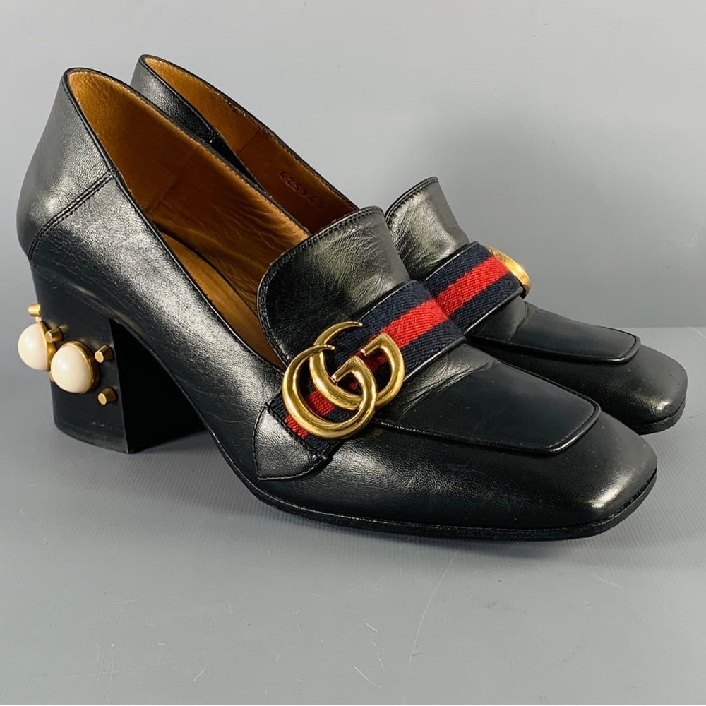 GUCCI Size 7.5 Marmont Black Leather Pearls Chunky Heel Pumps
